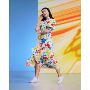 NWOT Floral Mock Neck Cascade Ruffle Dress